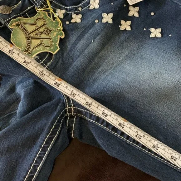 🎀HP🎀 Request Jeans Skinny Distressed Faded Jeans White Flowers & Stitching 9 - Picture 5 of 10
